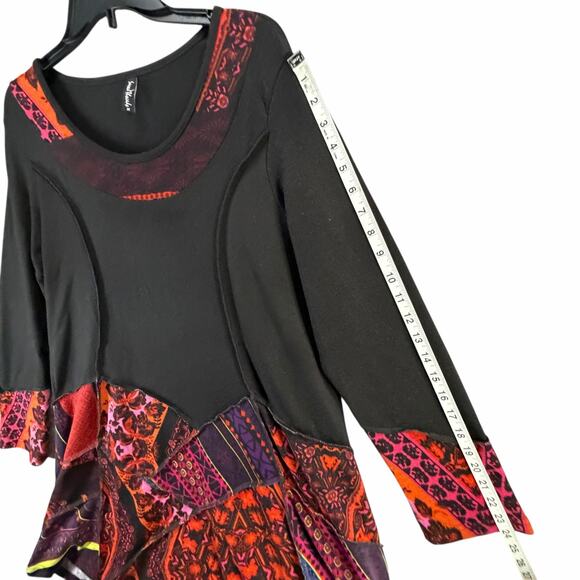 Sacred Threads Tunic Top M Black Orange Patchwork Festival Art To Wear Lagenlook - Picture 10 of 16